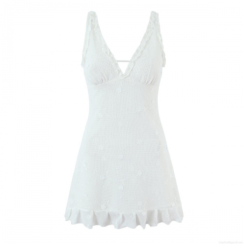 Women Summer Sexy V Neck Lace Dress Backless Cross Strap Mini Dress Elegant Hollow Out Floral Embroidery Mesh Ruffle Hem Sleeveless Beach Party Dress
