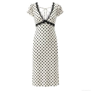 Women's French Vintage Polka Dot Midi Dress With Black Lace Trim V-Neck Backless Puff Sleeve Polyester Satin Summer Casual Dress