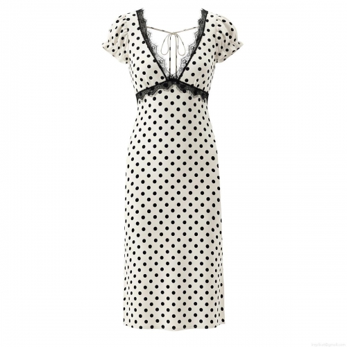 Women's French Vintage Polka Dot Midi Dress With Black Lace Trim V-Neck Backless Puff Sleeve Polyester Satin Summer Casual Dress
