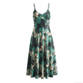 Women's Vintage Rose Floral Print Polyester Satin Cami Maxi Dress V-Neck Backless Slim Fit A-Line Long Dress For Summer Vacation Party