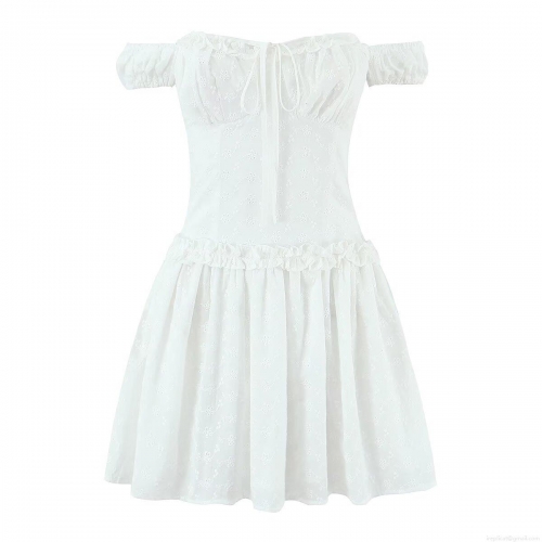 Women's French Vintage White 100% Cotton Eyelet Embroidery Off Shoulder Mini Dress Puff Sleeve Ruffle A-Line Summer Party Dress