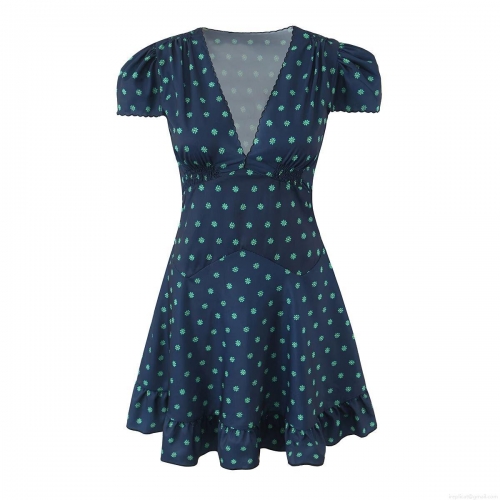 Women's V Neck Floral Print Mini Dress Summer Short Puff Sleeve Scalloped Edge Smocked Waist A-Line Ruffle Hem Polyester Dress Casual Party Sundress For Ladies