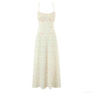 French Vintage Floral Print Slip Dress Summer Women 100% Polyester Lace-up Back Slim Fit Midi Dress For Daily Holiday Ladies Fashionable Streetwear
