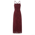 Women's Elegant Wine Red Burnout Floral Spaghetti Strap Midi Dress Sexy Backless Lace-up Slim Fit Party Evening Gown Dress
