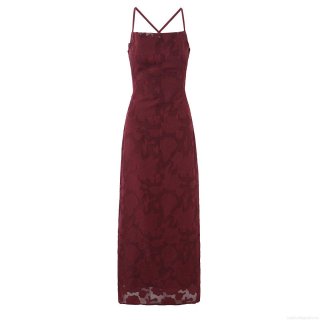 Women's Elegant Wine Red Burnout Floral Spaghetti Strap Midi Dress Sexy Backless Lace-up Slim Fit Party Evening Gown Dress