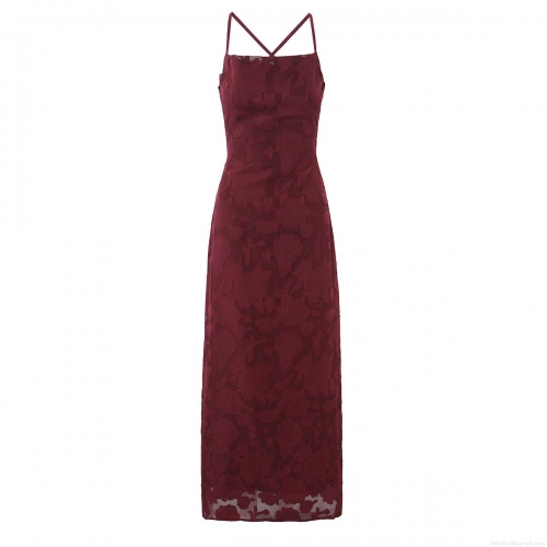 Women's Elegant Wine Red Burnout Floral Spaghetti Strap Midi Dress Sexy Backless Lace-up Slim Fit Party Evening Gown Dress