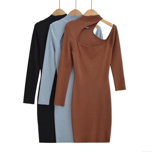 Women Sexy Hollow Out One Shoulder Ribbed Knit Midi Dress Long Sleeve Solid Color Slim Fit Bodycon Sweater Dress For Spring Autumn