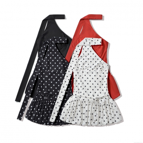Women's Sexy Polka Dot One Shoulder Halter Neck Peplum Dress Ruffle Hem Summer Mini Dresses With Bowknot Waist Casual Polyester Cotton Streetwear Clothing