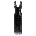 Women's Elegant Sequin Lace Patchwork Long Dress Deep V Neck Sleeveless Bodycon Maxi Dress For Evening Party Clubwear High Waist Polyester Gown