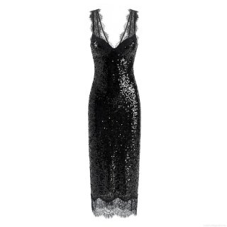 Women's Elegant Sequin Lace Patchwork Long Dress Deep V Neck Sleeveless Bodycon Maxi Dress For Evening Party Clubwear High Waist Polyester Gown