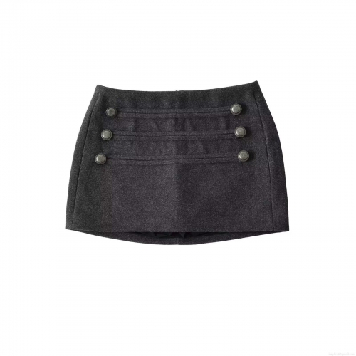 Women High Waist Bodycon Mini Skirt Double Breasted Metal Button Woolen Blend Slim Fit Casual Grey Short Skirt Street Style