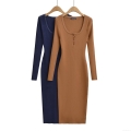 Women's Long Sleeve Ribbed Knit Midi Dress Henley U-Neck Button Slim Fit Bodycon Cotton Blend Casual Solid Color Elegant Pencil Dress