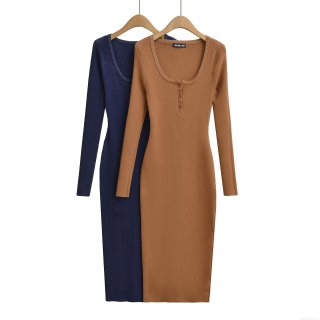 Women's Long Sleeve Ribbed Knit Midi Dress Henley U-Neck Button Slim Fit Bodycon Cotton Blend Casual Solid Color Elegant Pencil Dress
