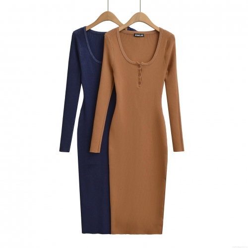 Women's Long Sleeve Ribbed Knit Midi Dress Henley U-Neck Button Slim Fit Bodycon Cotton Blend Casual Solid Color Elegant Pencil Dress