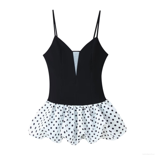 Women's Sexy Polka Dot Mini Cami Dress Slim Fit Mesh Patchwork V-Neck Sleeveless Summer Casual Short Sun Dress For Party Vacation Holiday