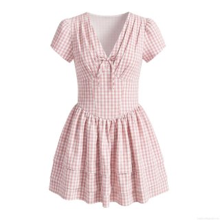 Women's Summer Gingham Plaid Mini Dress V Neck Short Puff Sleeve A-Line Short Skirt With Bow Tie Waist Layered Ruffle Hem Cotton Blend Casual Sweet Sundress For Women