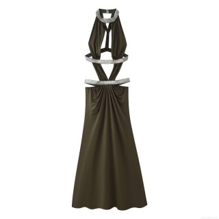 Sexy Halter Neck Hollow Out Maxi Dress For Women Metallic Trim Sleeveless Backless Floor Length Satin Texture Evening Party Long Dress 2026 Summer Fashion