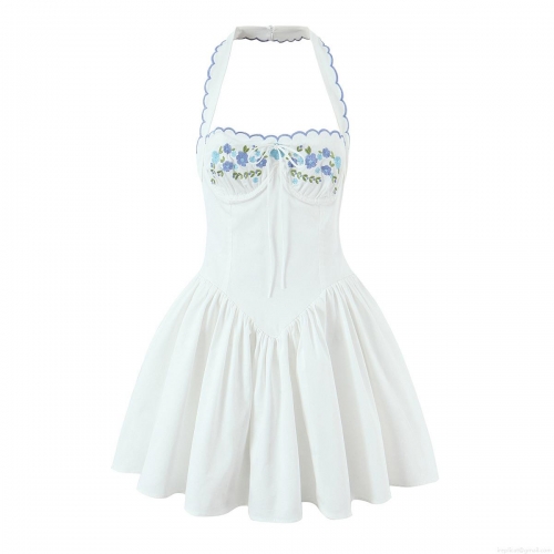 Women's Summer White Halter Neck Mini Dress Floral Embroidered Scalloped Edge Slim Fit Sleeveless Cotton A-Line Dress for Casual Party Vacation