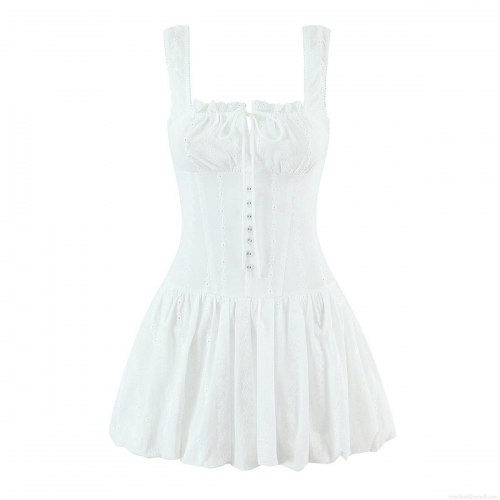 Women's Sexy White Cotton Lace Embroidery Mini Dress Summer Corset Bustier Sundress With Front Buttons Tie Shoulder Straps Smocked Back Tiered Pleated Hem Casual Boho Streetwear