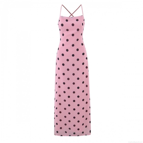 Women's Sexy Polka Dot Cami Dress Summer Pearl Chiffon Backless Lace-up Maxi Dress For Beach Vacation Pink Slim Fit Sundress