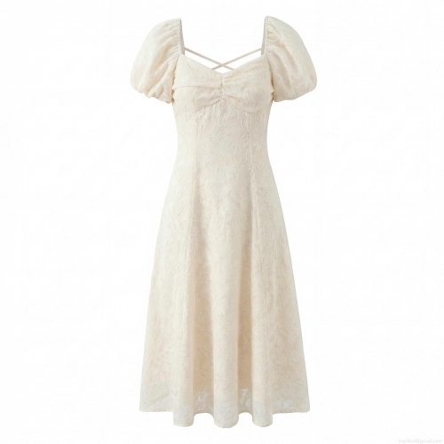 Women Elegant Lace Jacquard Midi Dress Square Neck Puff Sleeve Open Back Cross Tie-Up Summer Fashion Slim Fit Polyester A-Line Dress
