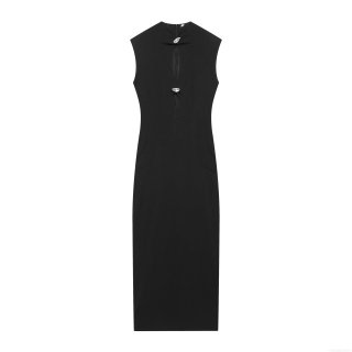 Summer Sleeveless Maxi Dress Polyester Solid Color Cut-out Stand Collar Slim Fit Daily Casual Street Style With Silver Buttons Women Fashion