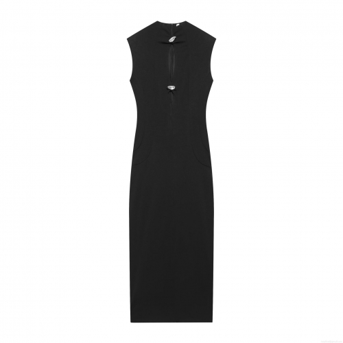 Summer Sleeveless Maxi Dress Polyester Solid Color Cut-out Stand Collar Slim Fit Daily Casual Street Style With Silver Buttons Women Fashion