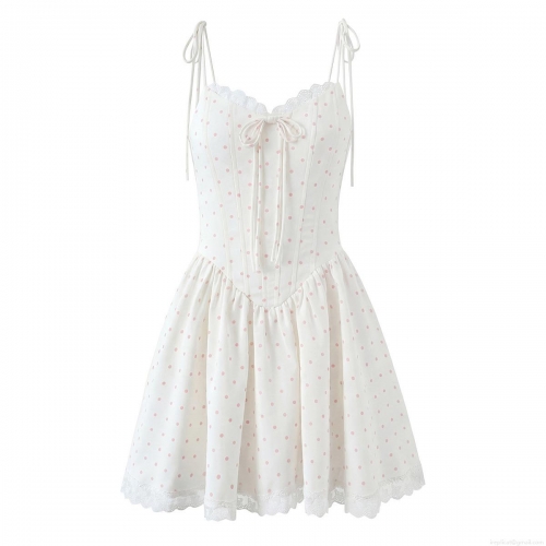 Sweet Pink Polka Dot Lace Mini Slip Dress Women Summer Casual Sleeveless Slim Fit A-Line Cami Dress With Bow Tie Strap Vacation Outfits
