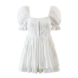 White Cotton Puff Sleeve Square Neck Mini Dress French Vintage Corset A-Line Ruffle Dress For Women Summer Streetwear Party Holiday Dress