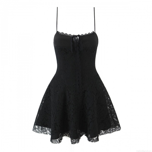 Women's Sexy Black Polyester Lace Cami Mini Dress Summer Sleeveless Hollow Out Bodycon Party Dress for Women Evening Clubwear Fashion Slim Fit Dress