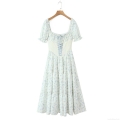 Women's French Vintage Cherub Floral Print Midi Dress Polyester Square Neck Puff Sleeve Corset Tie Waist Tiered Cake Skirt Summer Party Dress