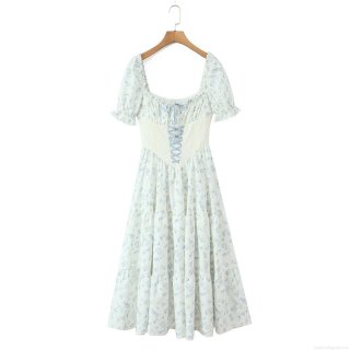 Women's French Vintage Cherub Floral Print Midi Dress Polyester Square Neck Puff Sleeve Corset Tie Waist Tiered Cake Skirt Summer Party Dress