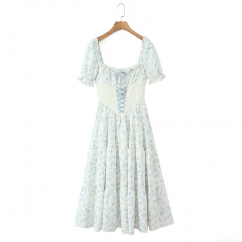 Women's French Vintage Cherub Floral Print Midi Dress Polyester Square Neck Puff Sleeve Corset Tie Waist Tiered Cake Skirt Summer Party Dress