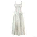 Women French Retro Floral Spaghetti Strap Maxi Dress Summer Casual Cotton Lace Trim High Waist Slim Fit Sweet Vacation Long Dresses