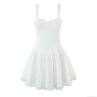 Women's White Mesh Mini Dress Swiss Dot Spaghetti Strap Pleated Slim Fit Camisole Dress Polyester Lace Summer Party Streetwear Short Dress