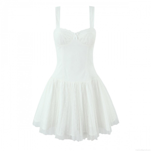 Women's White Mesh Mini Dress Swiss Dot Spaghetti Strap Pleated Slim Fit Camisole Dress Polyester Lace Summer Party Streetwear Short Dress
