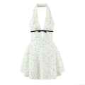Women's Summer Polka Dot Halter Dress Polyester Deep V-Neck Bow Tie Pleated Back Zipper Mini A-Line Dress for Casual Party Vacation Streetwear