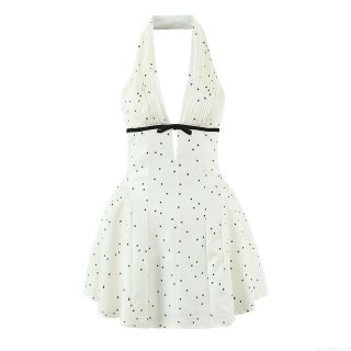 Women's Summer Polka Dot Halter Dress Polyester Deep V-Neck Bow Tie Pleated Back Zipper Mini A-Line Dress for Casual Party Vacation Streetwear