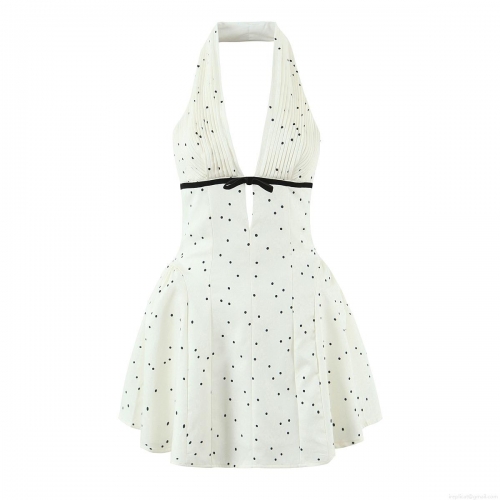 Women's Summer Polka Dot Halter Dress Polyester Deep V-Neck Bow Tie Pleated Back Zipper Mini A-Line Dress for Casual Party Vacation Streetwear