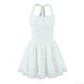 Women Summer Halter Mini Dress Hollow Out Embroidery Eyelet Lace Sleeveless Backless Ruffle Hem White Party Casual Western Street Style Short Dress