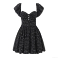 Women's Summer Polka Dot Mini Dress Retro Puff Sleeve Heart Neck A-Line Dress Sexy Slim Fit Bow Tie Front Short Sleeve Party Casual Beach Dress