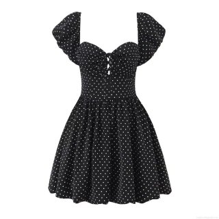 Women's Summer Polka Dot Mini Dress Retro Puff Sleeve Heart Neck A-Line Dress Sexy Slim Fit Bow Tie Front Short Sleeve Party Casual Beach Dress