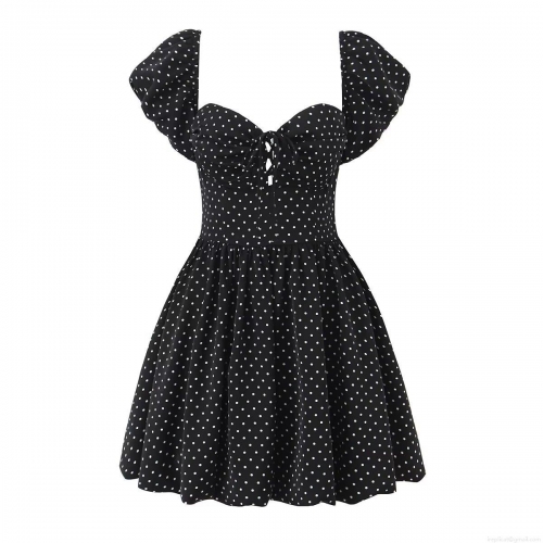 Women's Summer Polka Dot Mini Dress Retro Puff Sleeve Heart Neck A-Line Dress Sexy Slim Fit Bow Tie Front Short Sleeve Party Casual Beach Dress