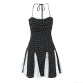 Women's Retro Polka Dot Halter Mini Dress Western Style Sleeveless Backless Splicing Polyester Dress with White Lace Trim Casual Summer Party Sundress