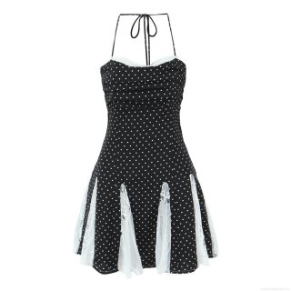 Women's Retro Polka Dot Halter Mini Dress Western Style Sleeveless Backless Splicing Polyester Dress with White Lace Trim Casual Summer Party Sundress
