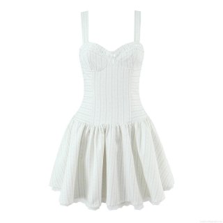 French Sweet White Camisole Mini Dress With Lace Trim And Bow Floral Vertical Stripe Balletcore Aesthetic Slim Fit Summer Vacation Fashion For Women