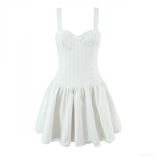 French Sweet White Camisole Mini Dress With Lace Trim And Bow Floral Vertical Stripe Balletcore Aesthetic Slim Fit Summer Vacation Fashion For Women