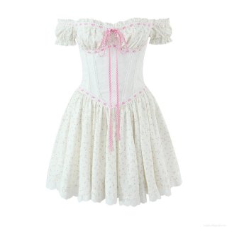 French Retro Off Shoulder Floral Mini Dress With Fishbone Corset Lace Trim Puff Sleeve Cotton Blend For Women Summer Vacation Cottagecore Style Sweet A-line Pullover Short Sleeve Dress