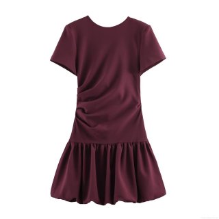 Women's Summer Wine Red Short Sleeve Mini Dress Fashion Casual Round Neck Side Pleated Balloon Hem Slim Fit Polyester Dress Streetwear For Lady