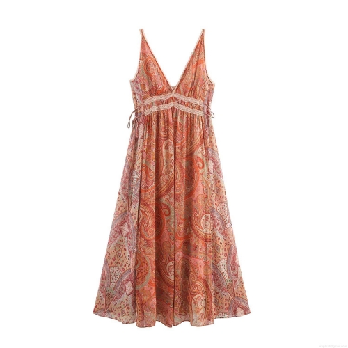 Women's Bohemian Paisley Print Midi Dress Sexy V-Neck Spaghetti Strap Lace Trim Slim Fit Summer Beach Sundress